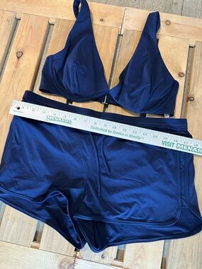 ATHLETA navy blue bikini top with matching swim short bottoms size medium 36D